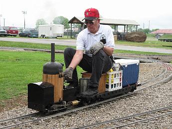  Mid-South Live Steamers, May 1, 2009 Spring Meet.  Here is Bill rounding the curve with the crab. The wood jacketing was installed earlier that week.